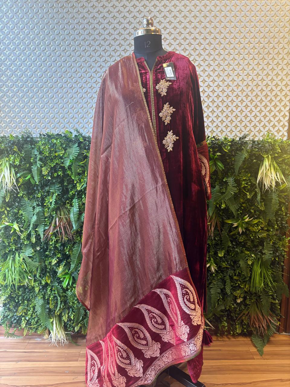 Maroon Velvet Suit Set with Zari Embroidery