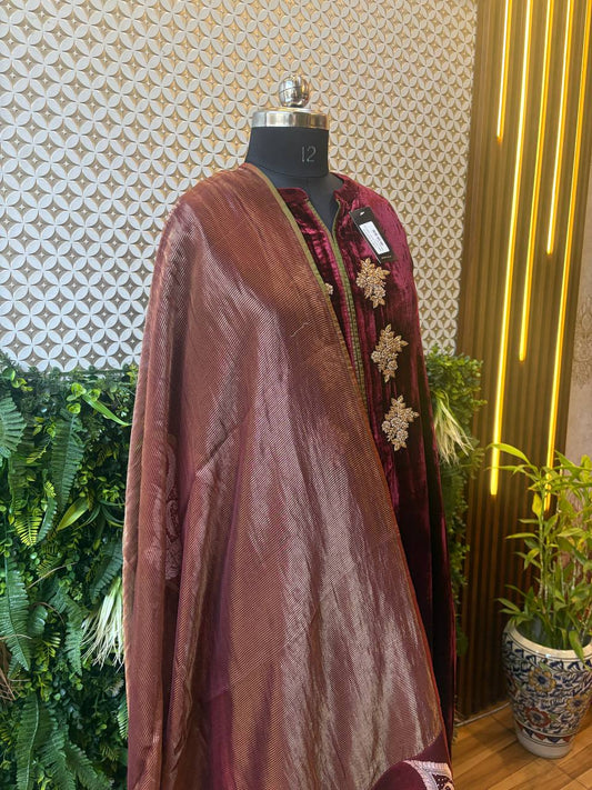 Maroon Velvet Suit Set with Zari Embroidery