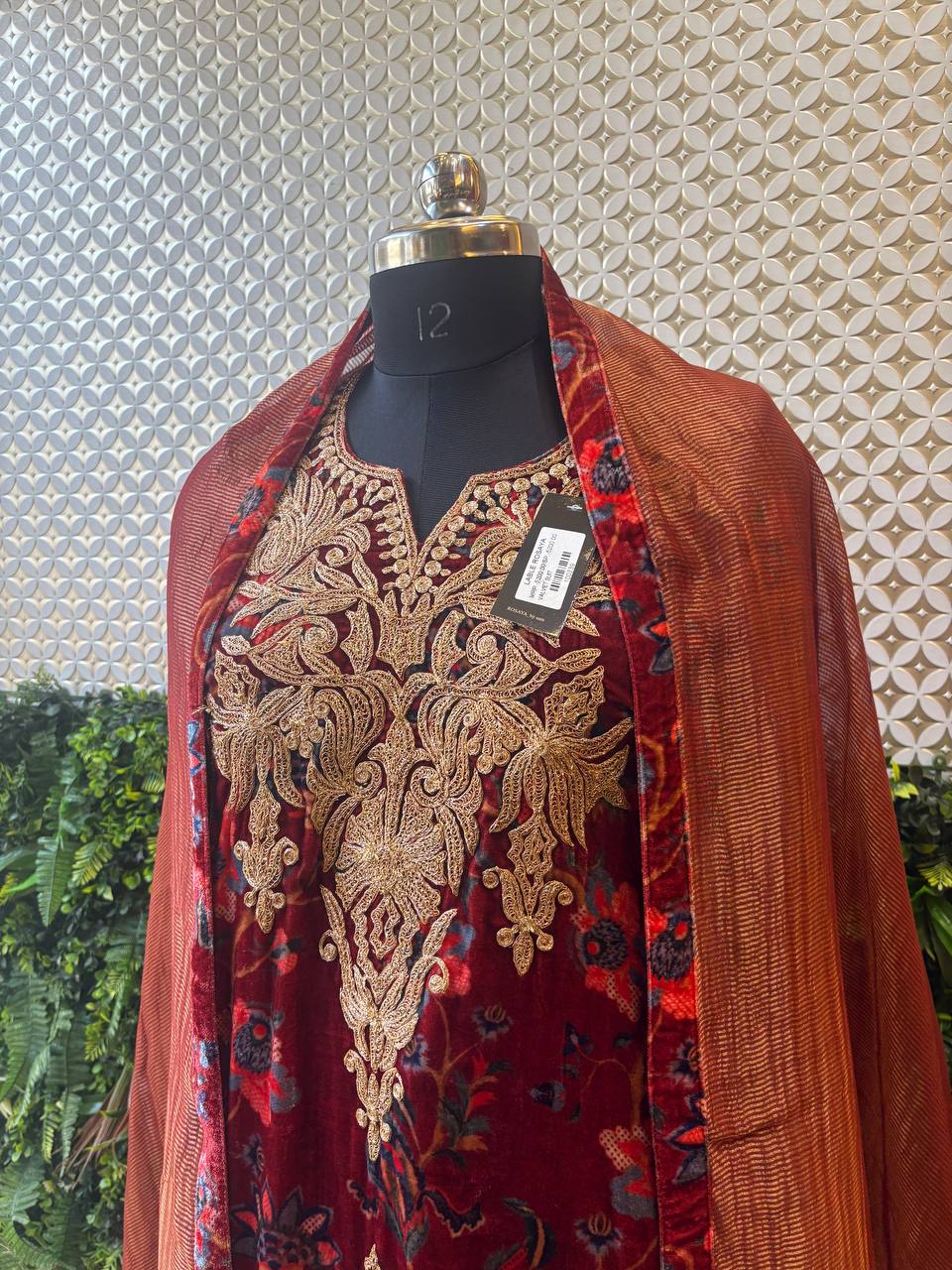 Regal Maroon Velvet Embroidered Suit – Royal Zari Work Ensemble
