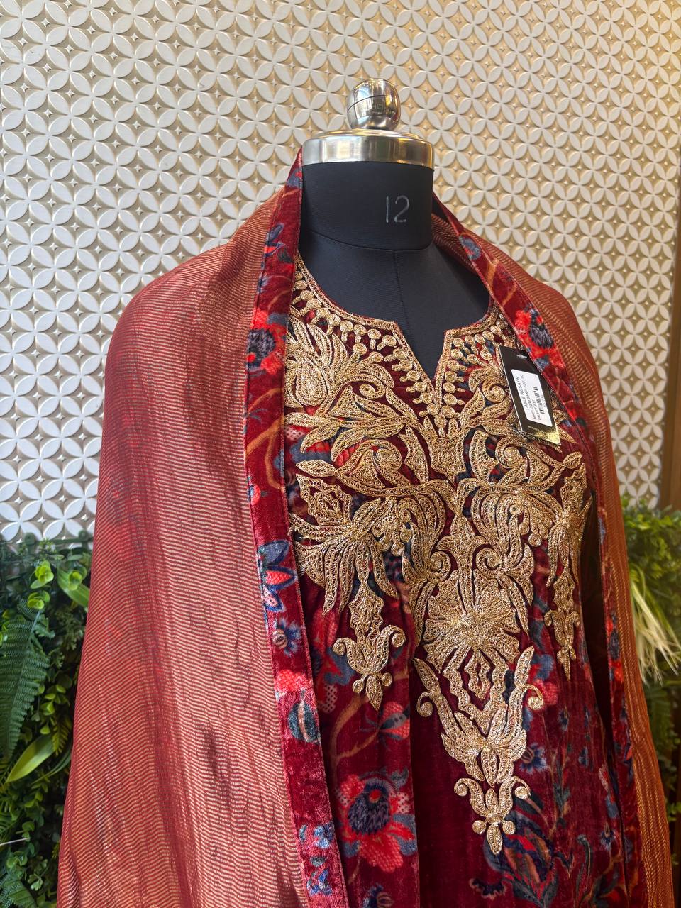 Regal Maroon Velvet Embroidered Suit – Royal Zari Work Ensemble