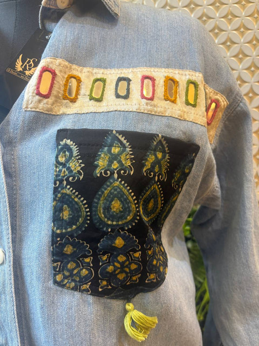 Denim Kutch Mirror Patch Shirt – Contemporary Ethnic Fusion