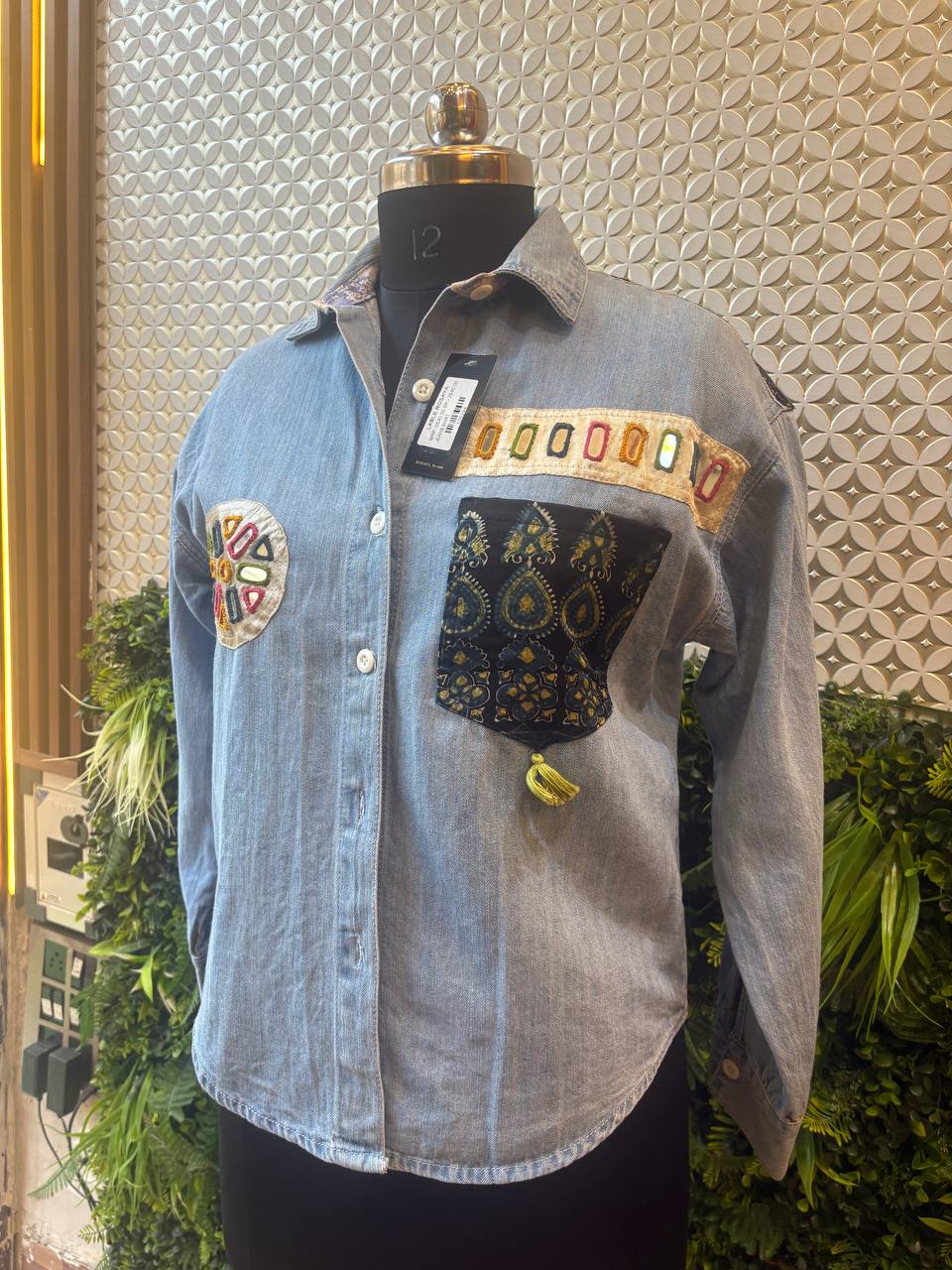 Denim Kutch Mirror Patch Shirt – Contemporary Ethnic Fusion