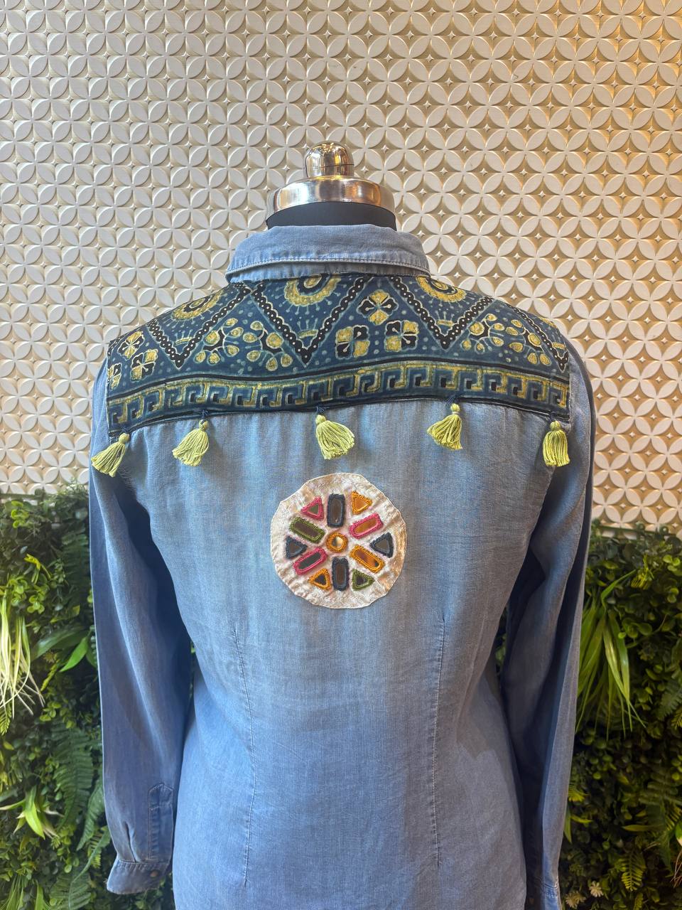Denim Kutch Mirror Patch Shirt – Contemporary Ethnic Fusion
