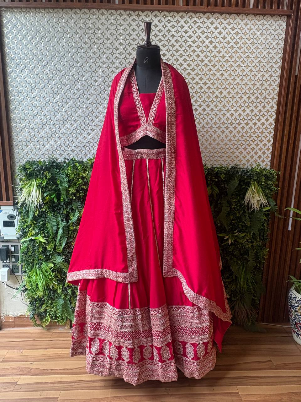 Rosaya Scarlet Red Embroidered Party Wear Lehenga Set