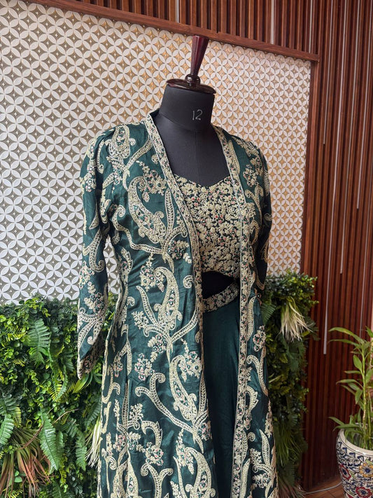 Zeenat – Emerald Embroidered Long Jacket Set