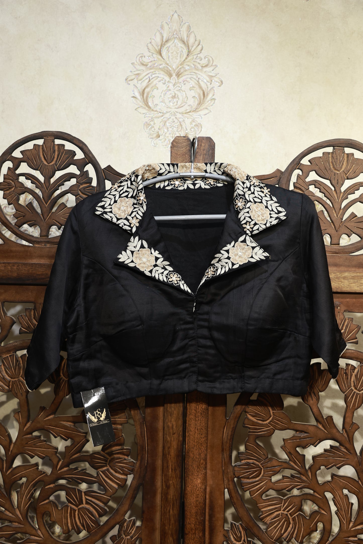Noir Elegance Embroidered Collar Blouse