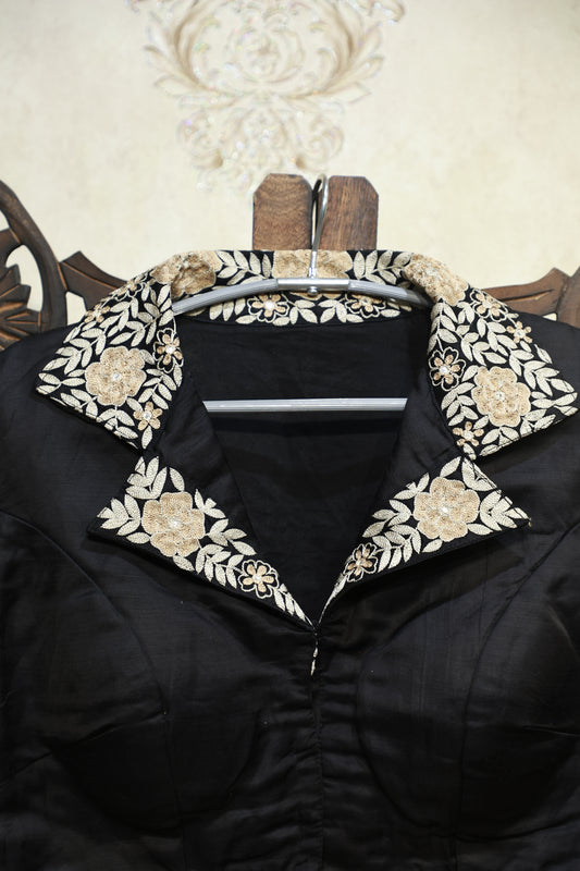 Noir Elegance Embroidered Collar Blouse