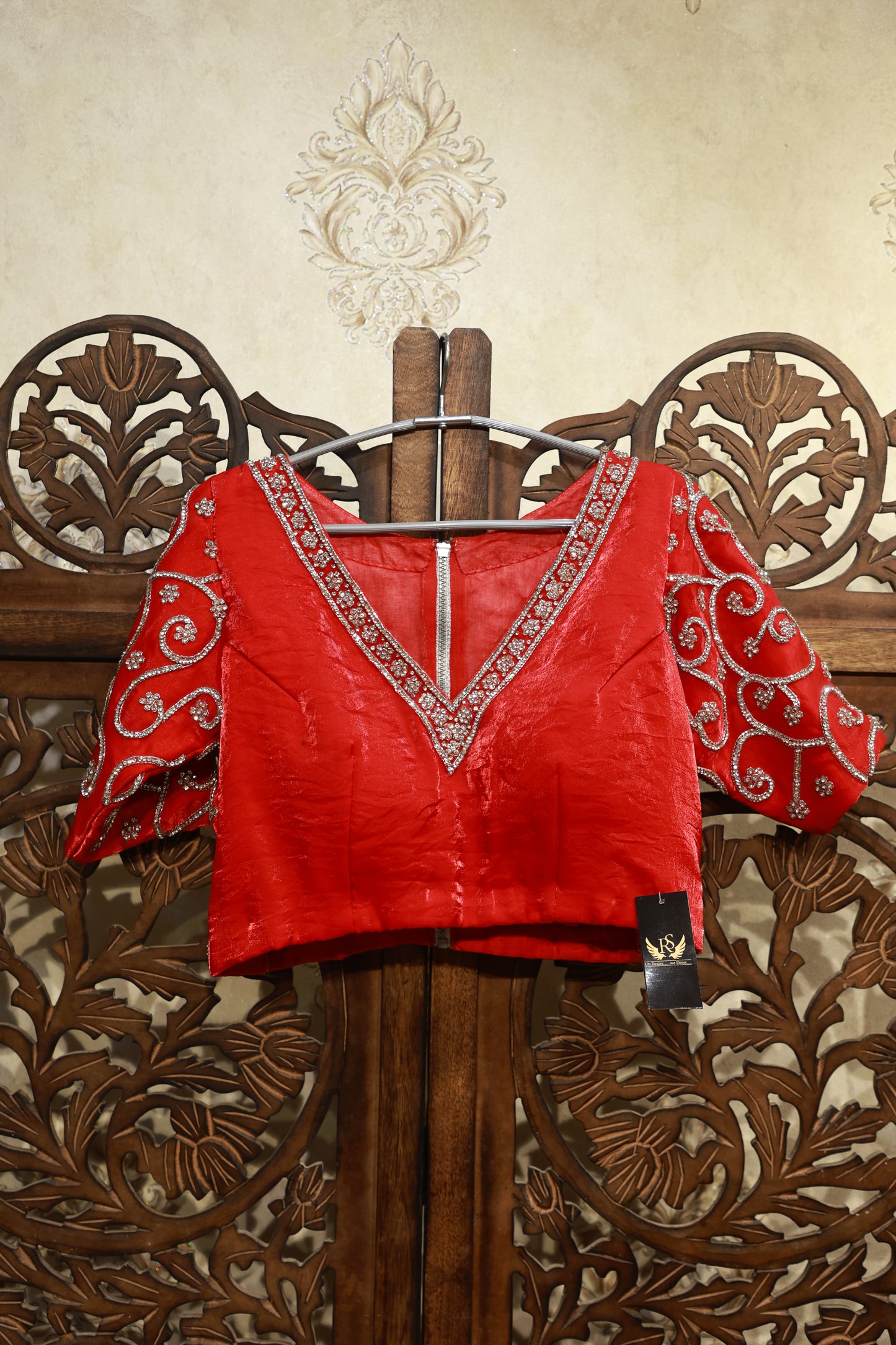 Red Embroidered V-Neck Blouse