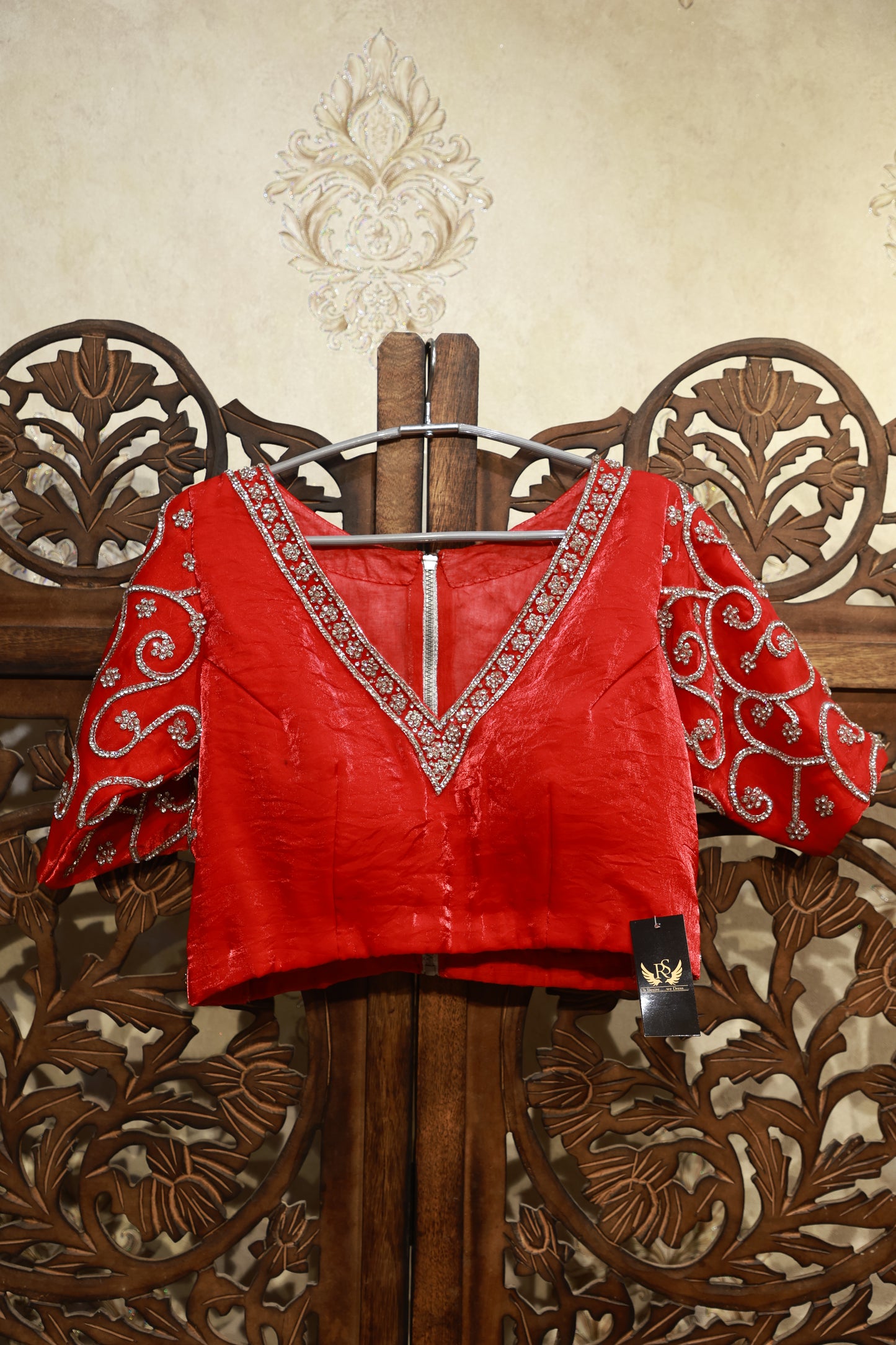 Red Embroidered V-Neck Blouse