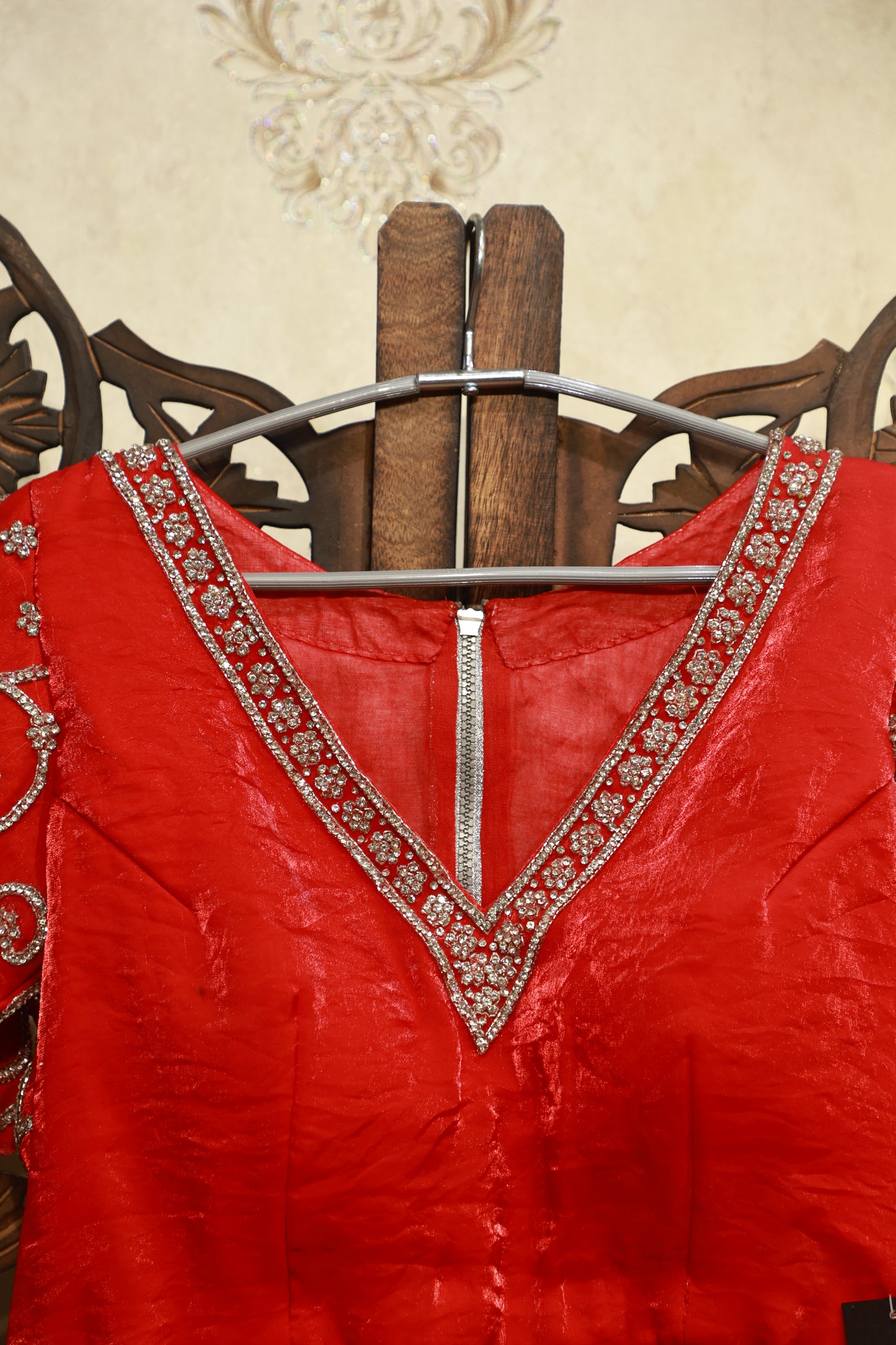 Red Embroidered V-Neck Blouse