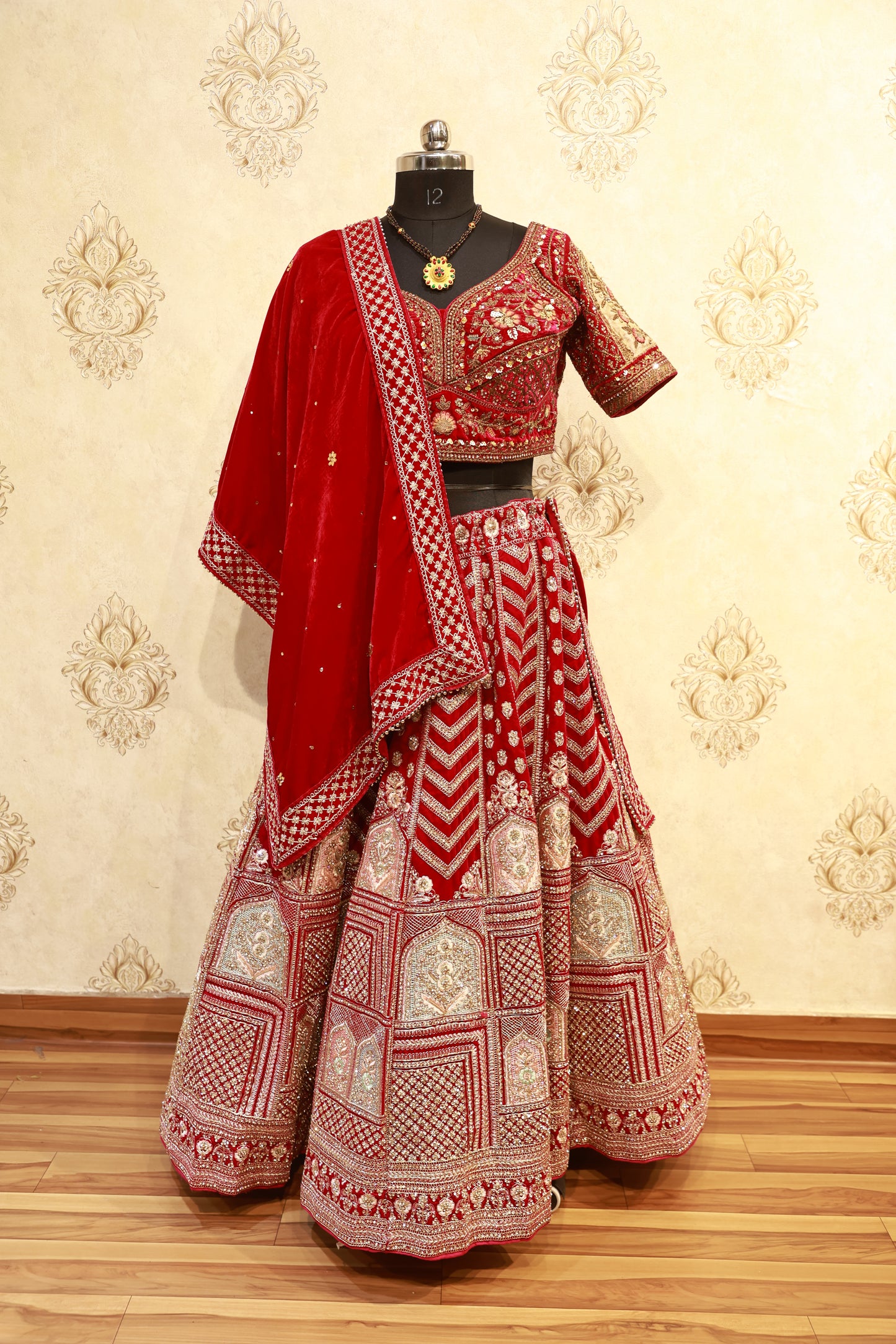 Red Velvet Zardozi Bridal Lehenga