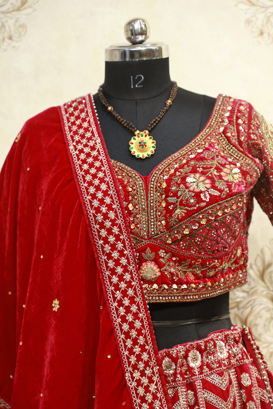 Red Velvet Zardozi Bridal Lehenga