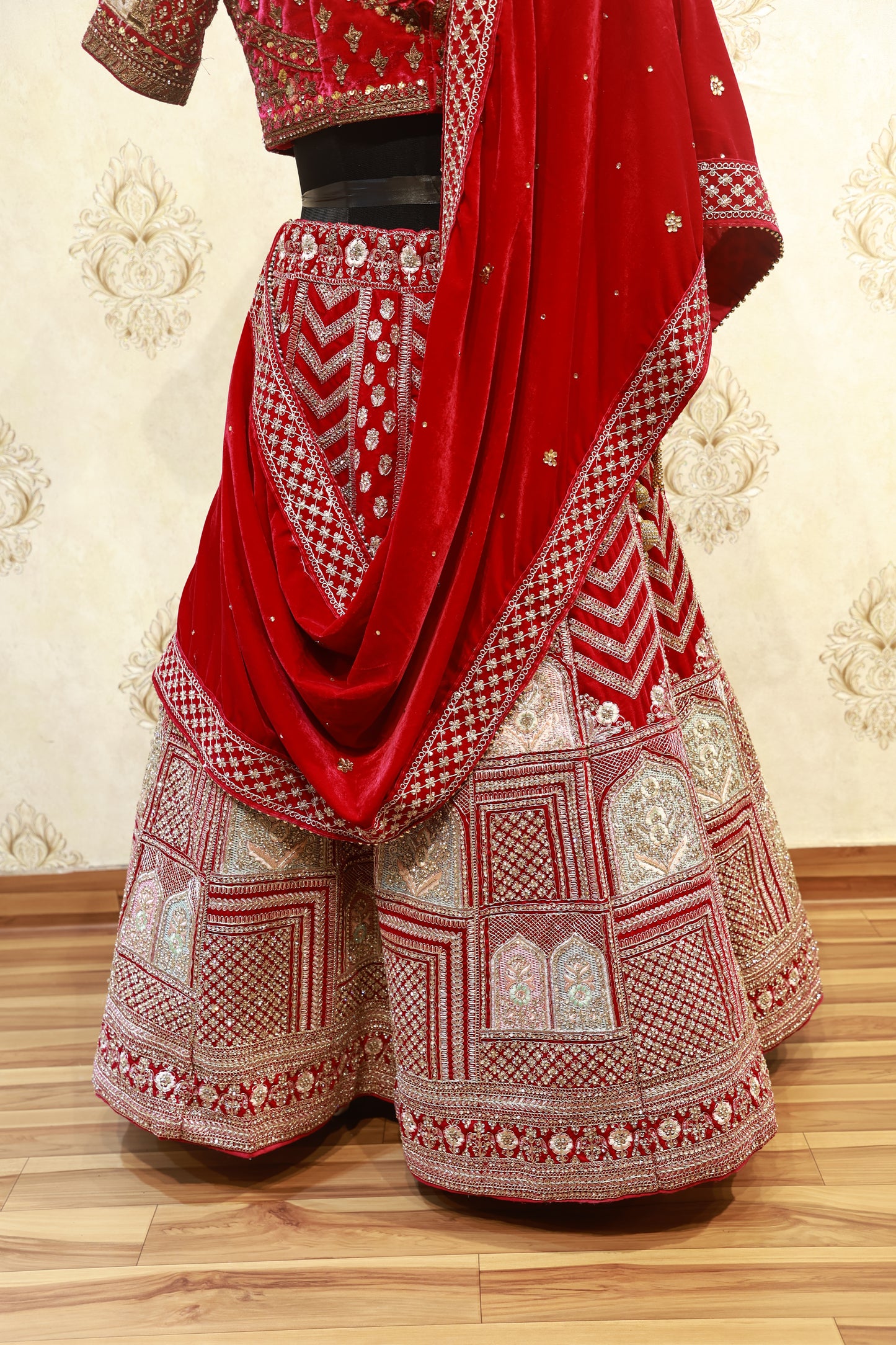 Red Velvet Zardozi Bridal Lehenga