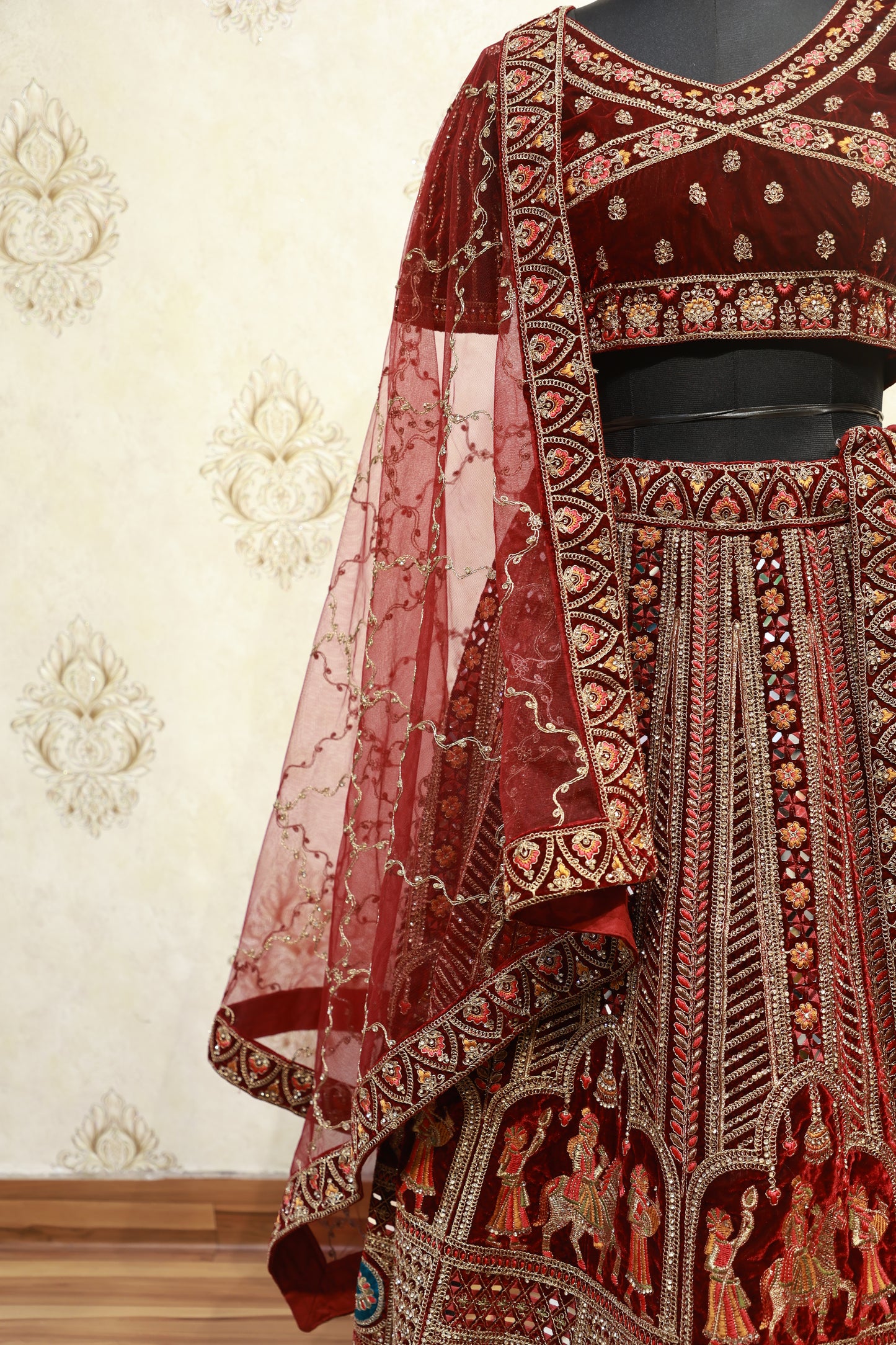Maroon Velvet Mirror & Thread Embroidered