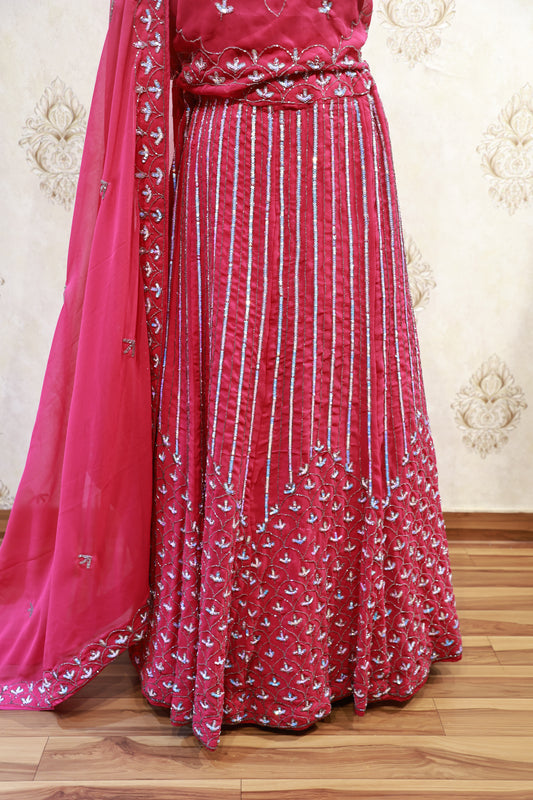 Rose Pink Thread Embroidered Lehenga Set