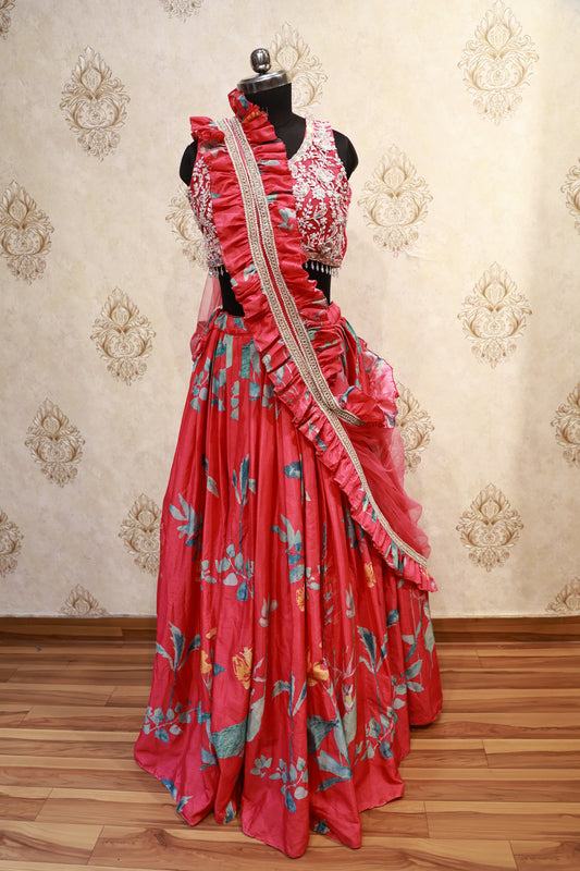 Ruffle Dupatta Floral Lehenga Set