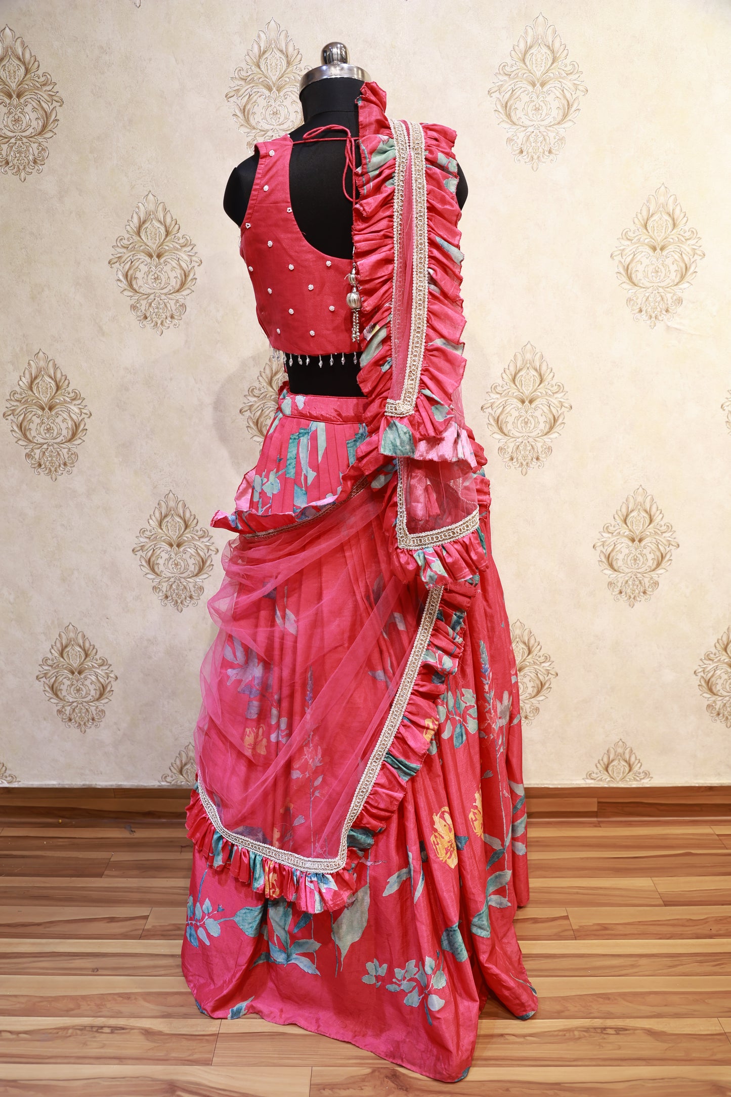 Ruffle Dupatta Floral Lehenga Set