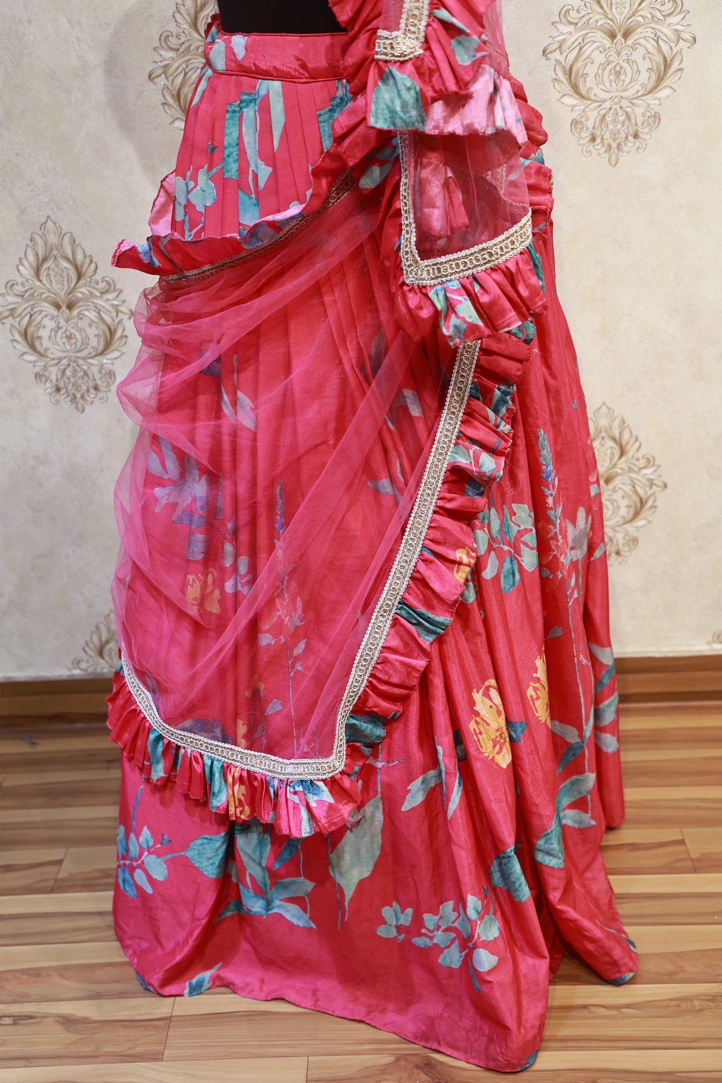 Ruffle Dupatta Floral Lehenga Set