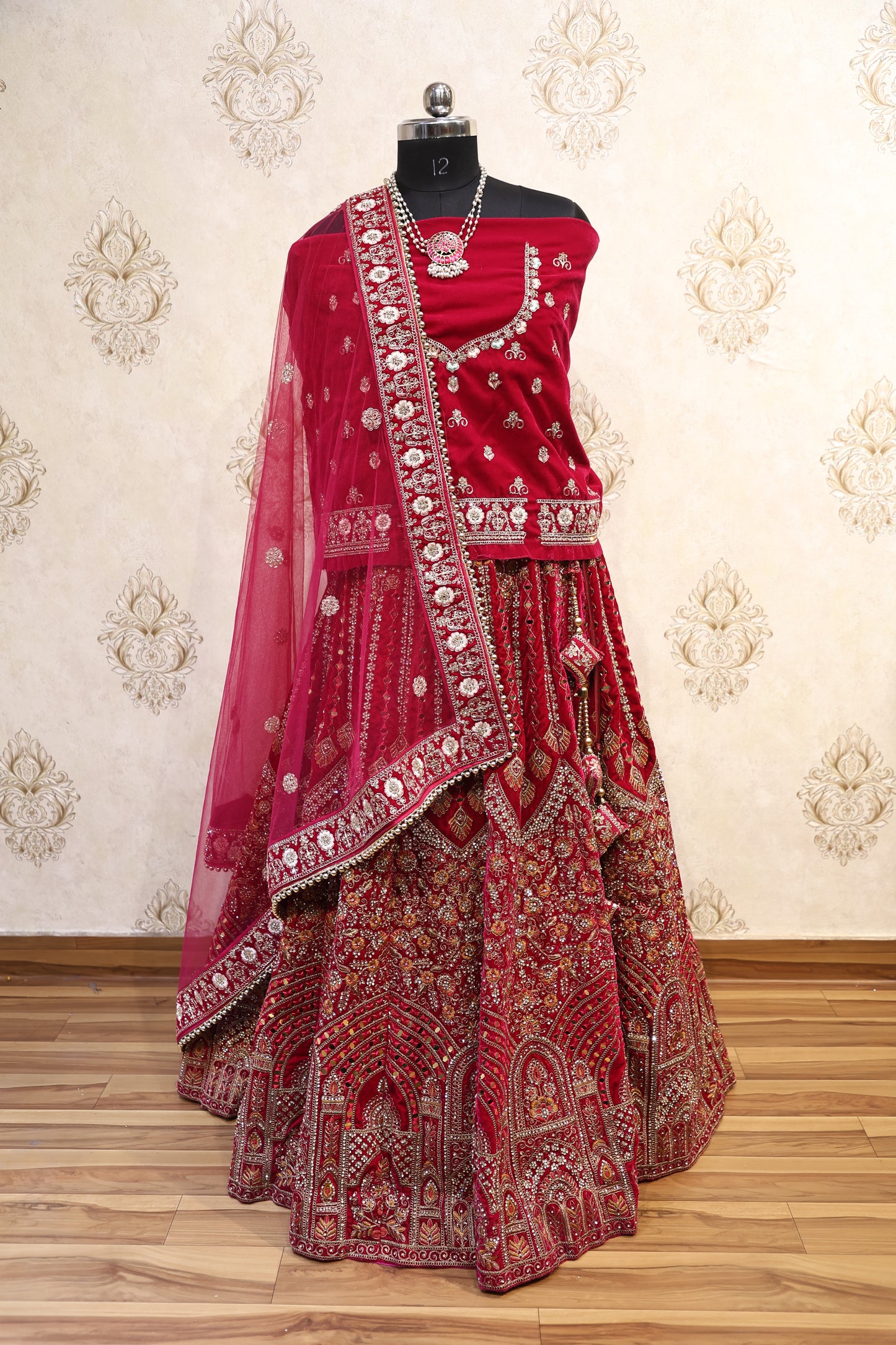 Crimson Red Velvet Bridal Lehenga Set