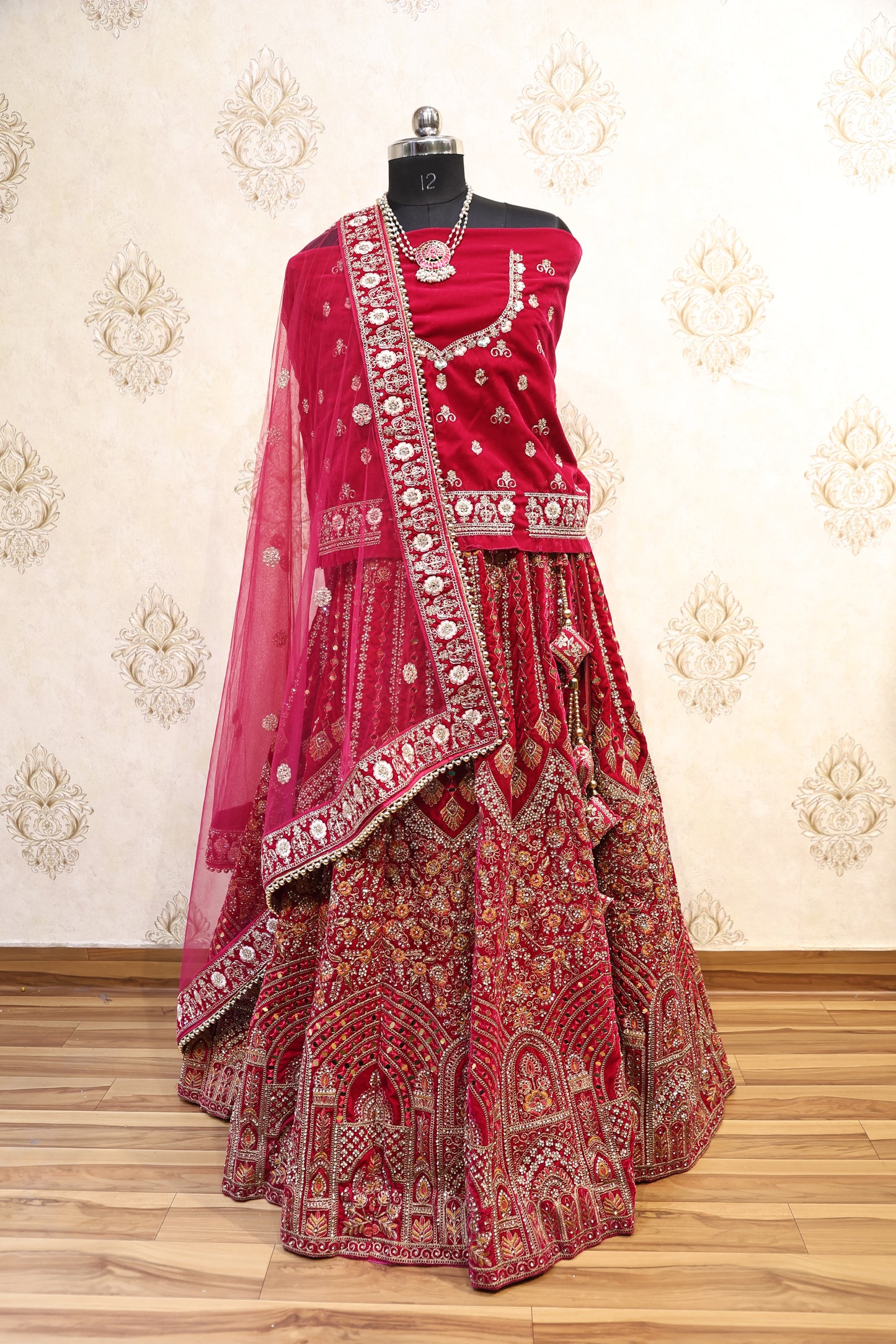 Crimson Red Velvet Bridal Lehenga Set