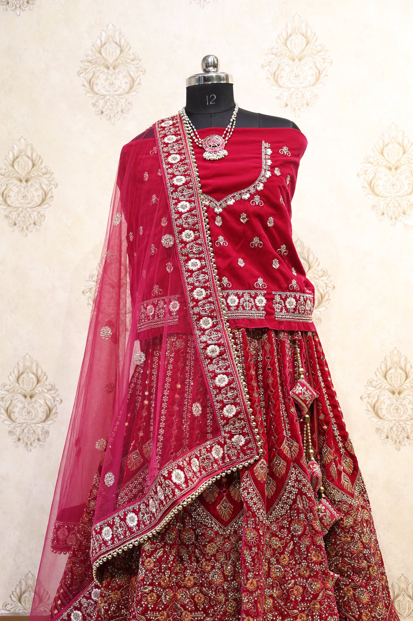 Crimson Red Velvet Bridal Lehenga Set