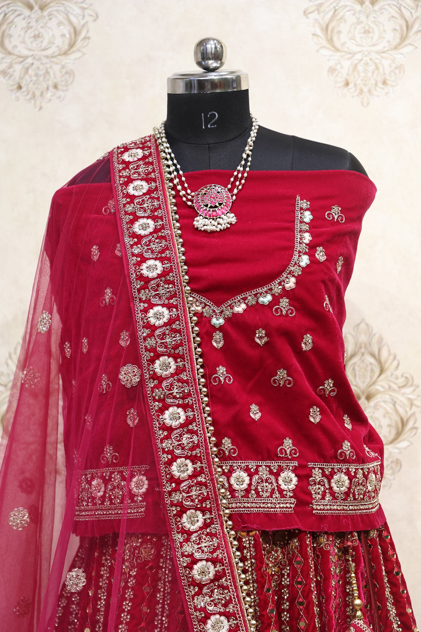 Crimson Red Velvet Bridal Lehenga Set