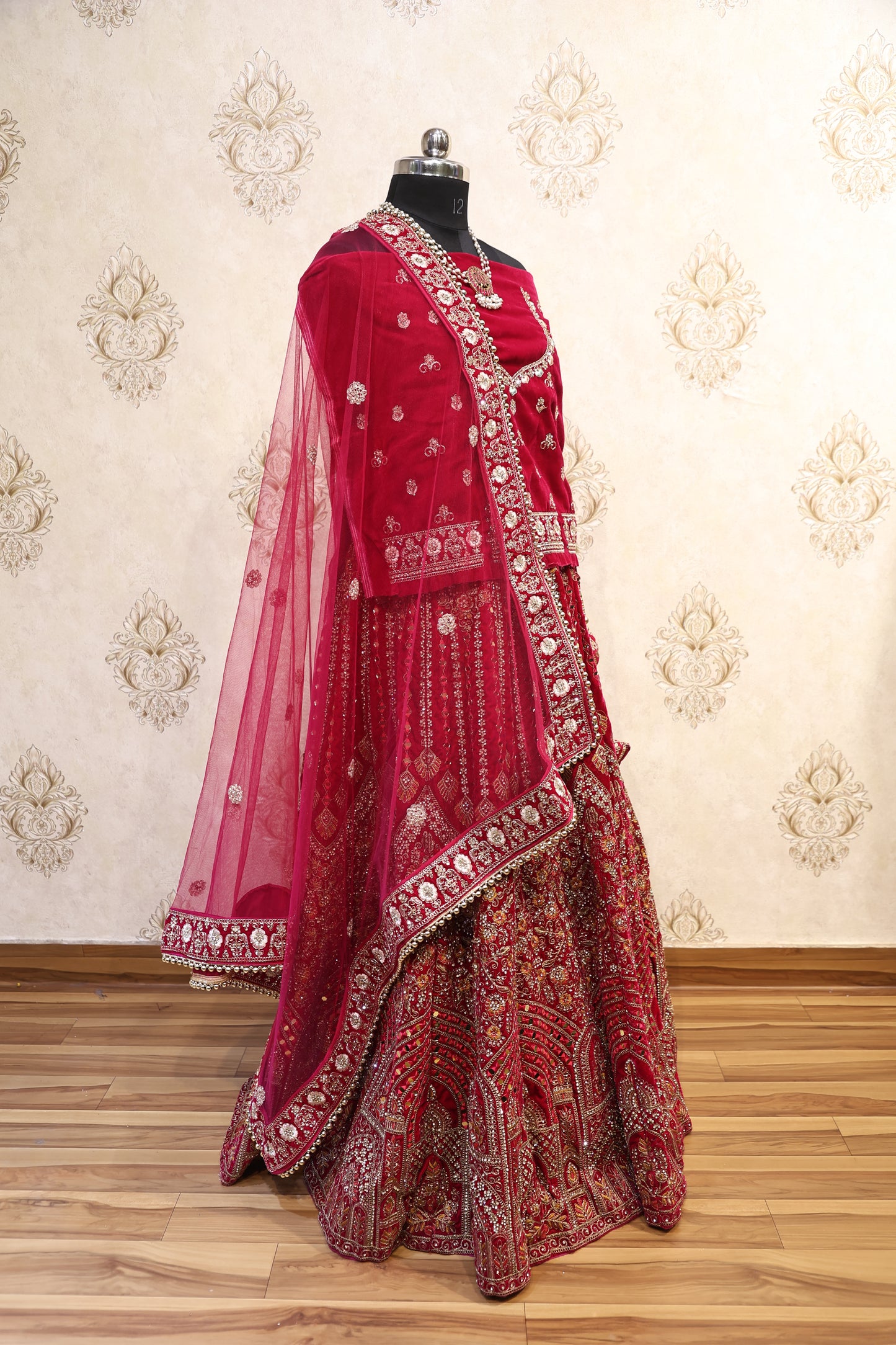 Crimson Red Velvet Bridal Lehenga Set
