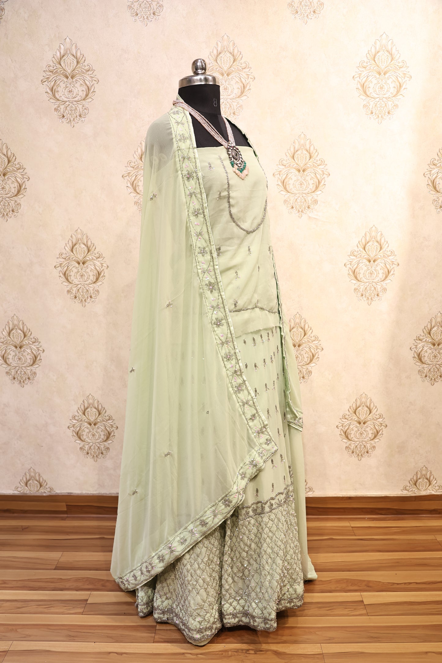 Mint Green Organza Embroidered Lehenga Set