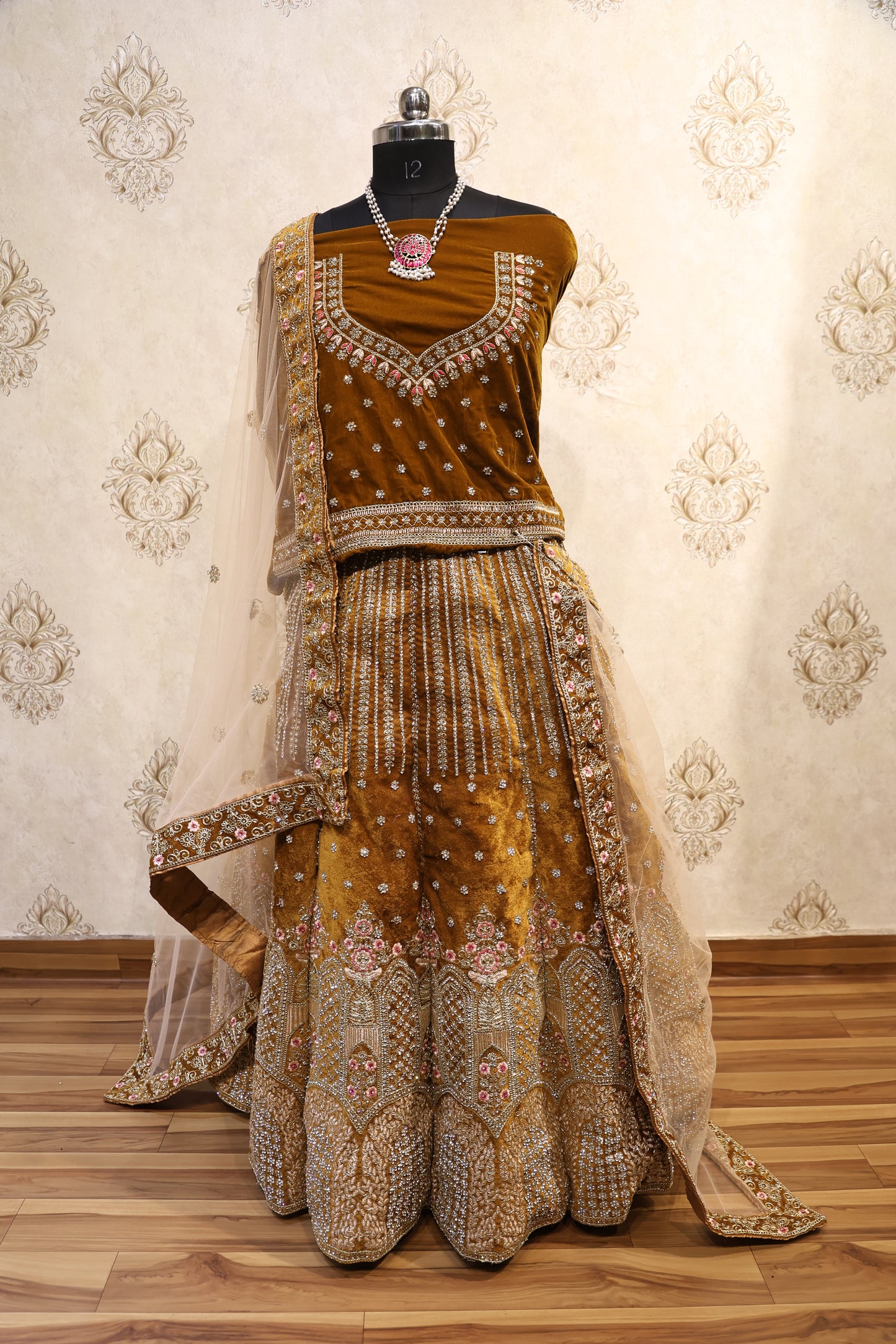 Antique Gold Velvet Bridal Lehenga