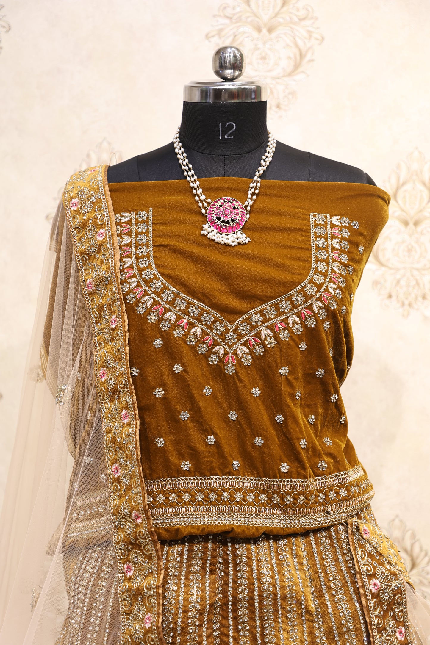 Antique Gold Velvet Bridal Lehenga