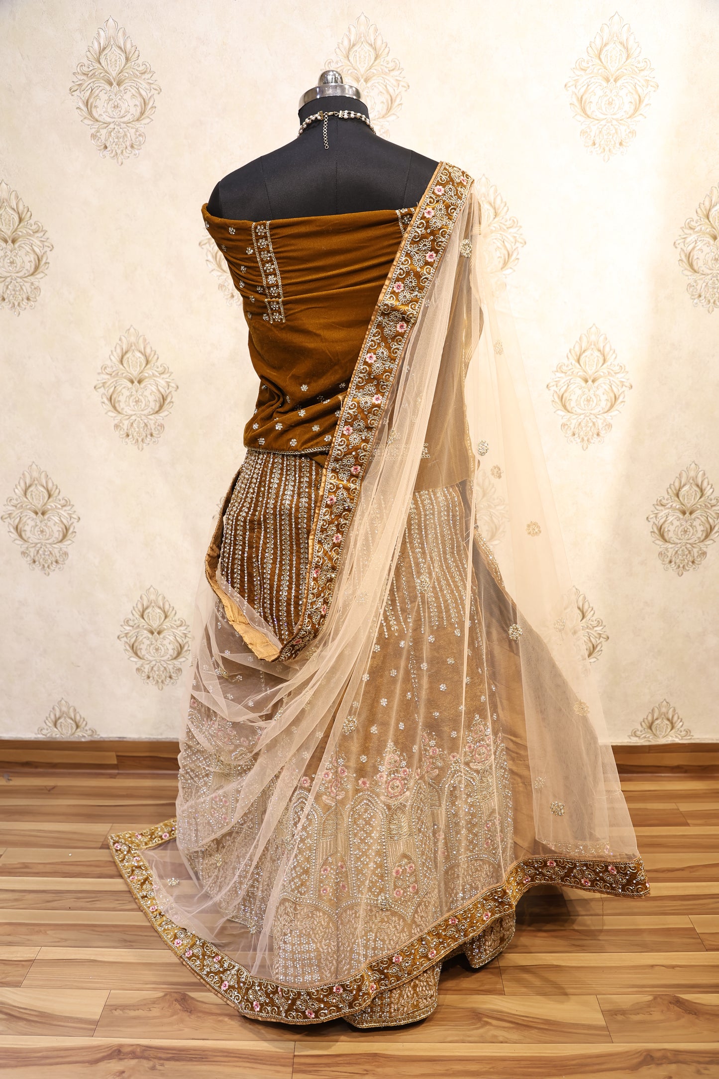 Antique Gold Velvet Bridal Lehenga