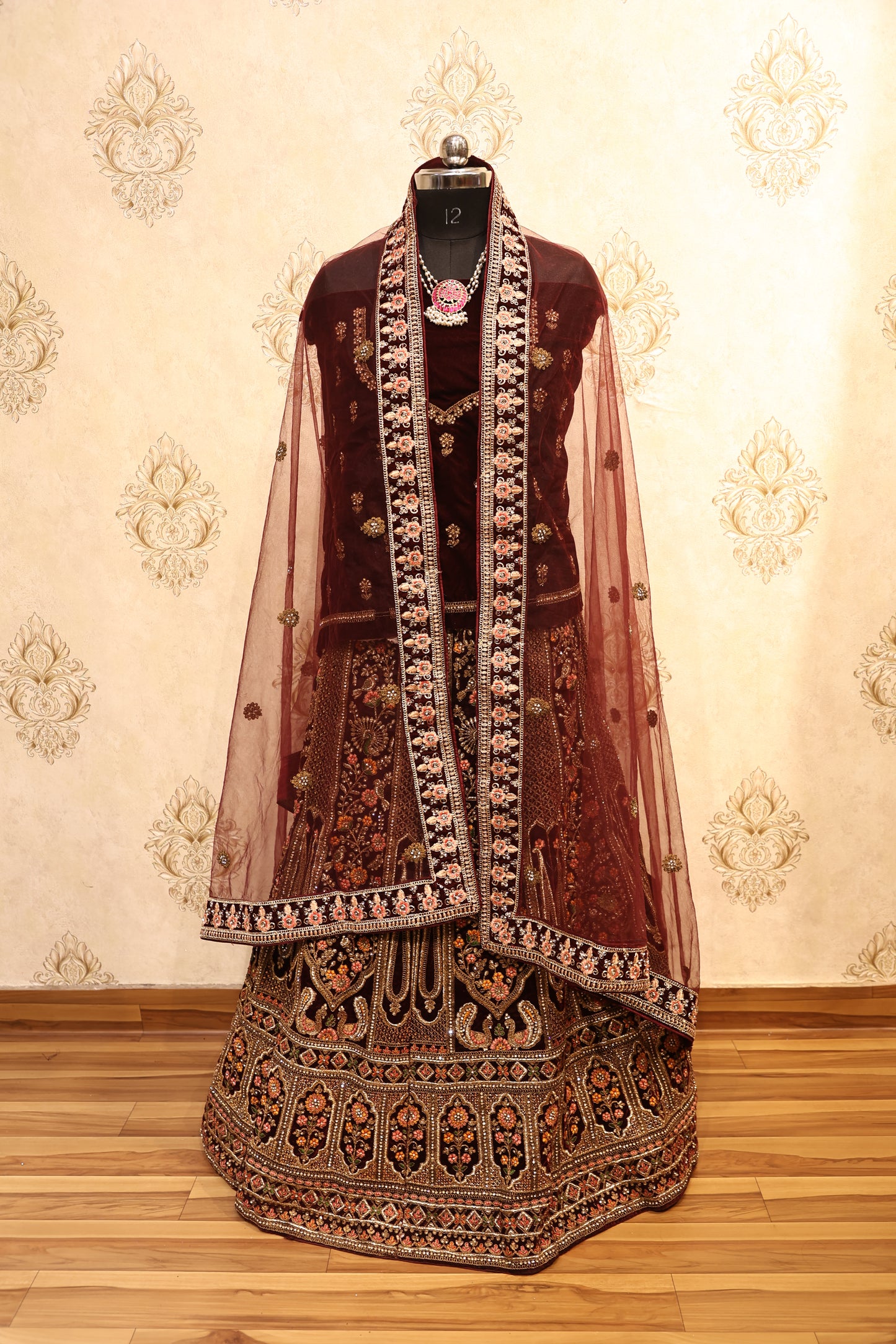 Maroon Velvet Zardozi Bridal Lehenga Set