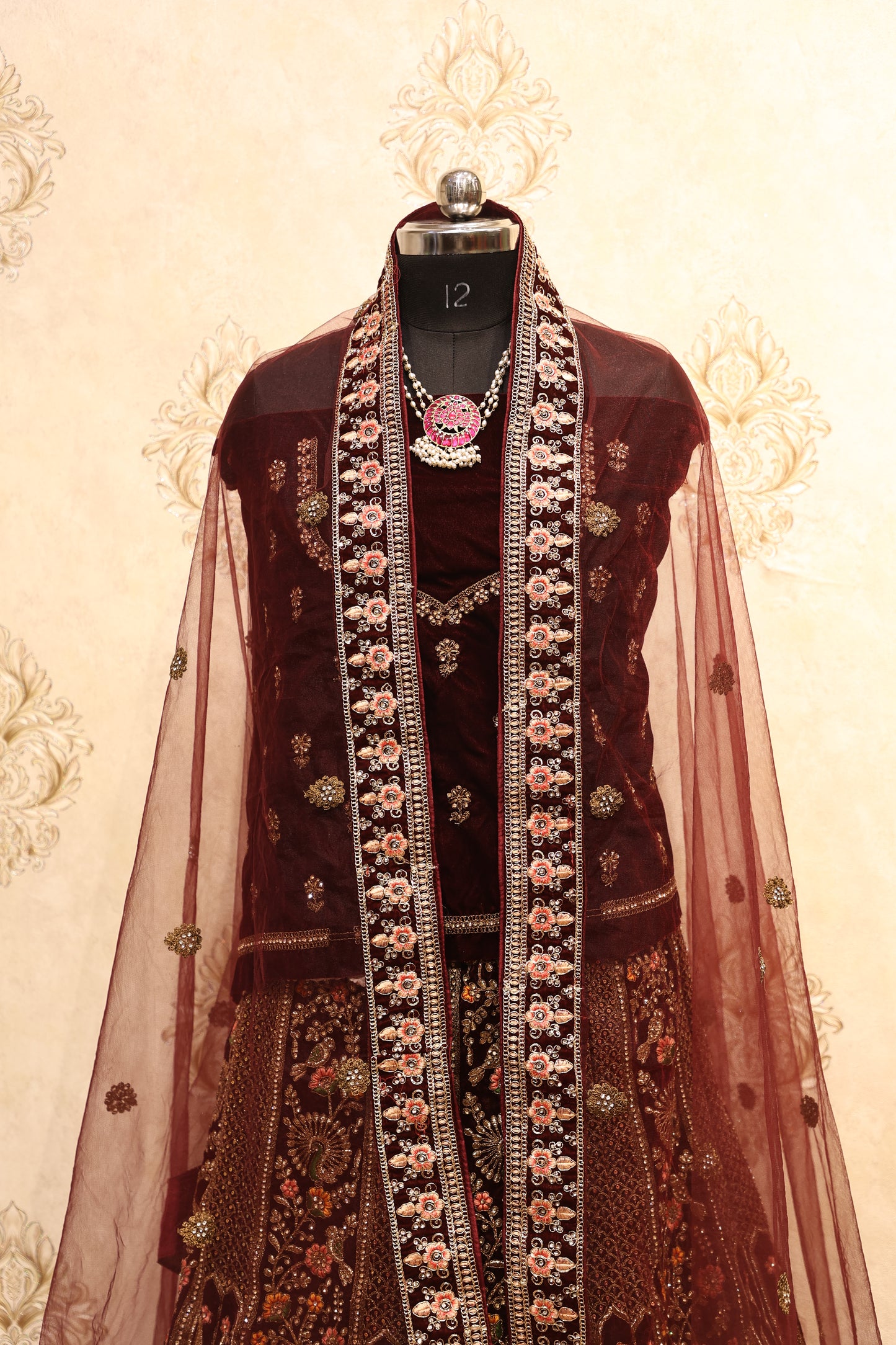 Maroon Velvet Zardozi Bridal Lehenga Set