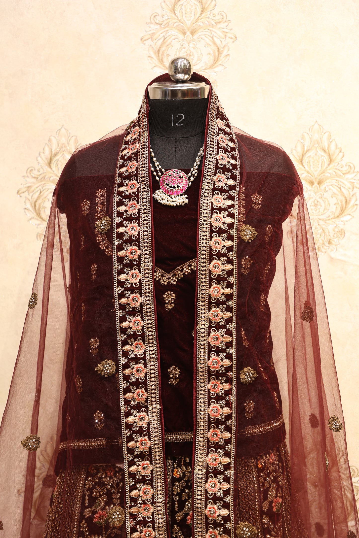 Maroon Velvet Zardozi Bridal Lehenga Set
