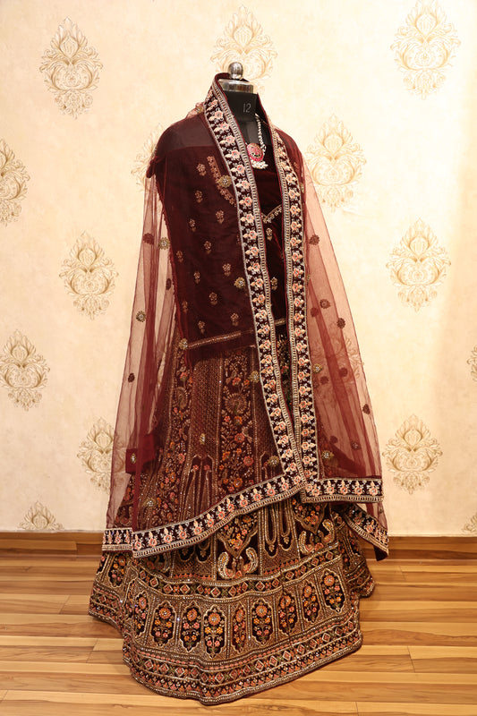 Maroon Velvet Zardozi Bridal Lehenga Set