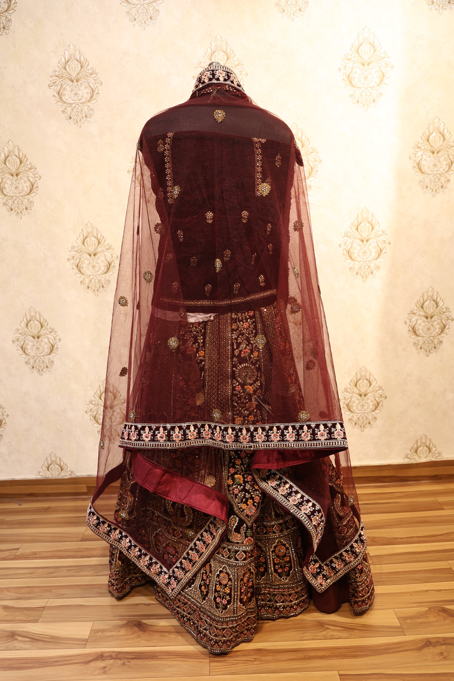 Maroon Velvet Zardozi Bridal Lehenga Set