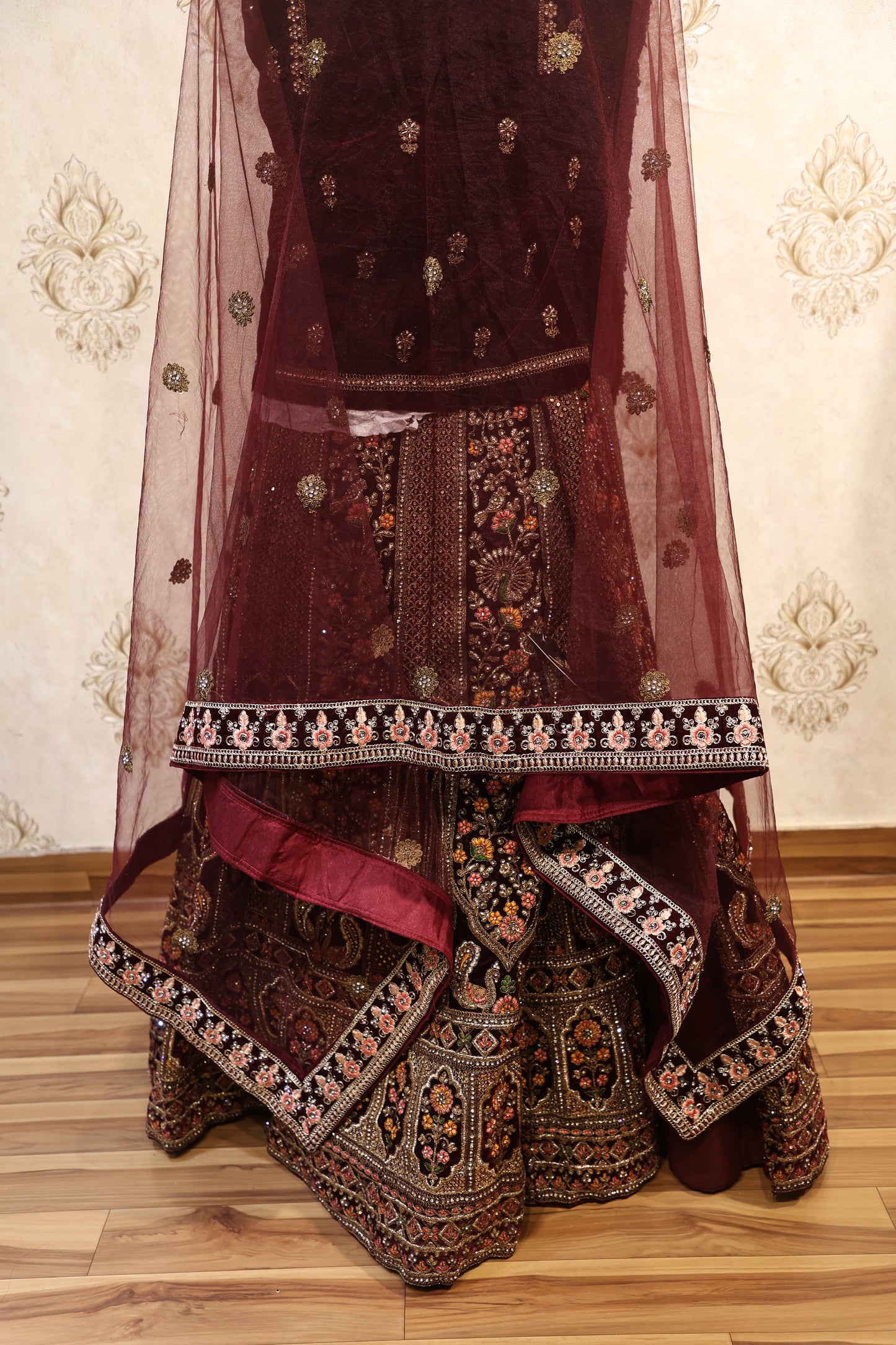 Maroon Velvet Zardozi Bridal Lehenga Set