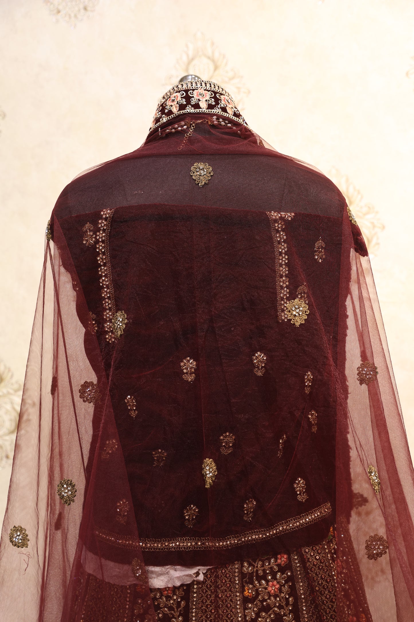 Maroon Velvet Zardozi Bridal Lehenga Set
