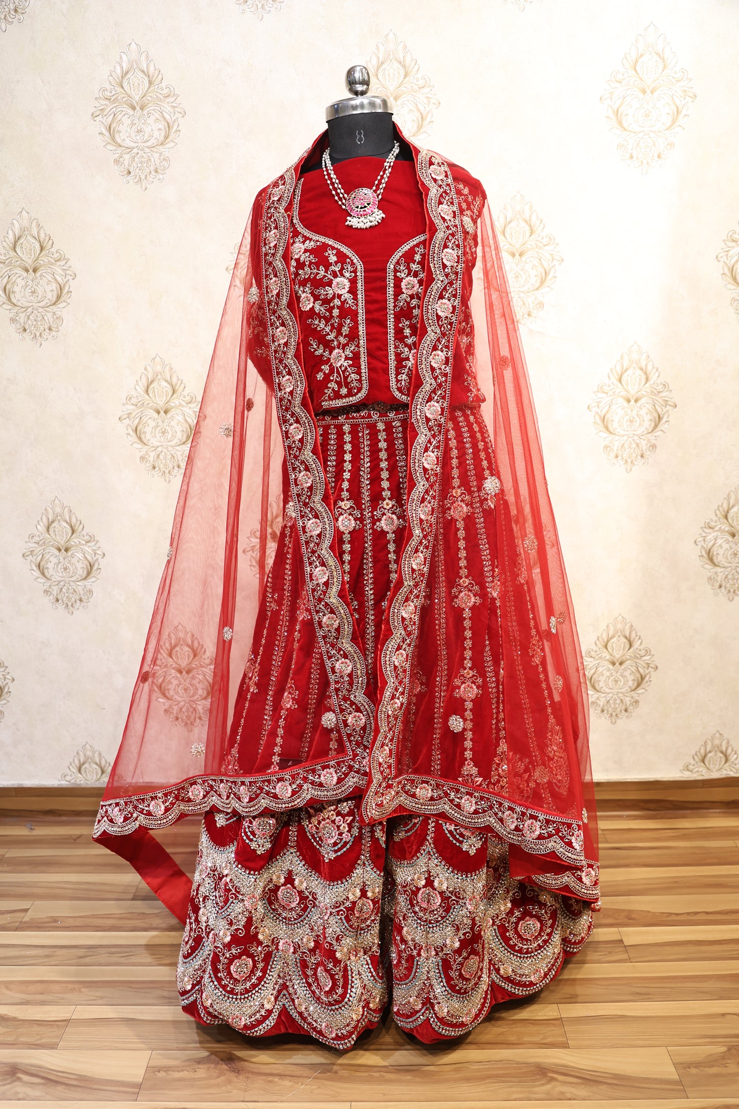 Crimson Red Heavy Bridal Lehenga with Hand Embroidery