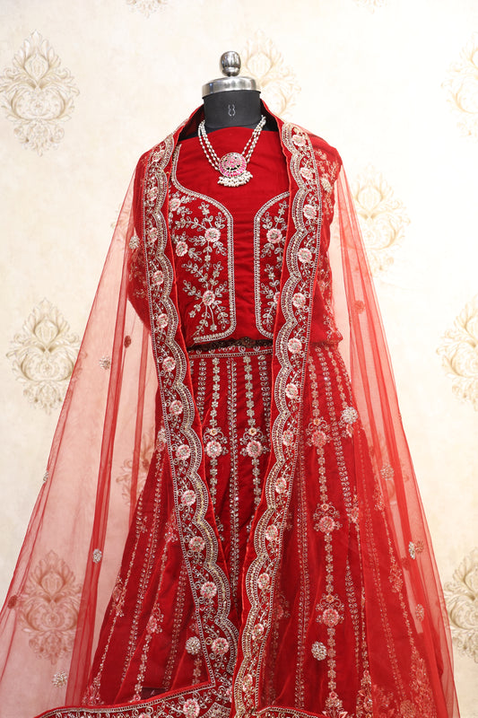 Crimson Red Heavy Bridal Lehenga with Hand Embroidery