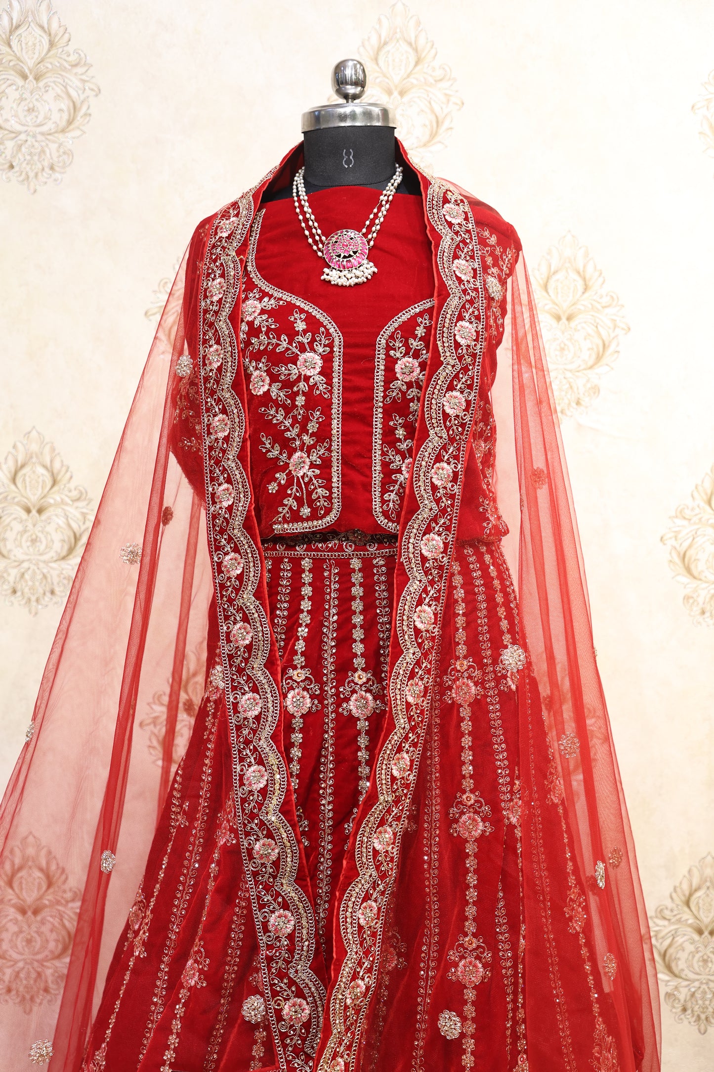 Crimson Red Heavy Bridal Lehenga with Hand Embroidery
