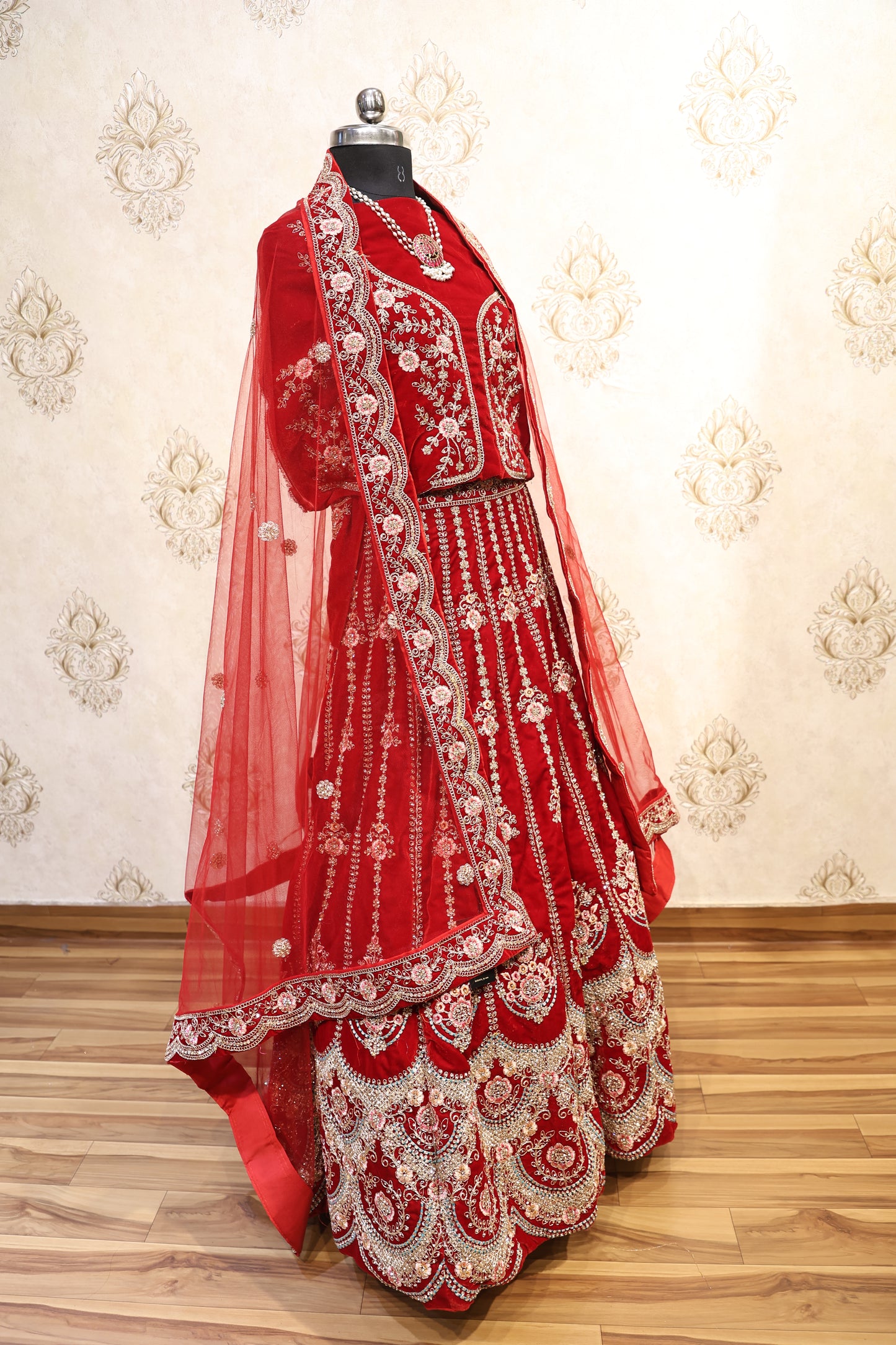Crimson Red Heavy Bridal Lehenga with Hand Embroidery