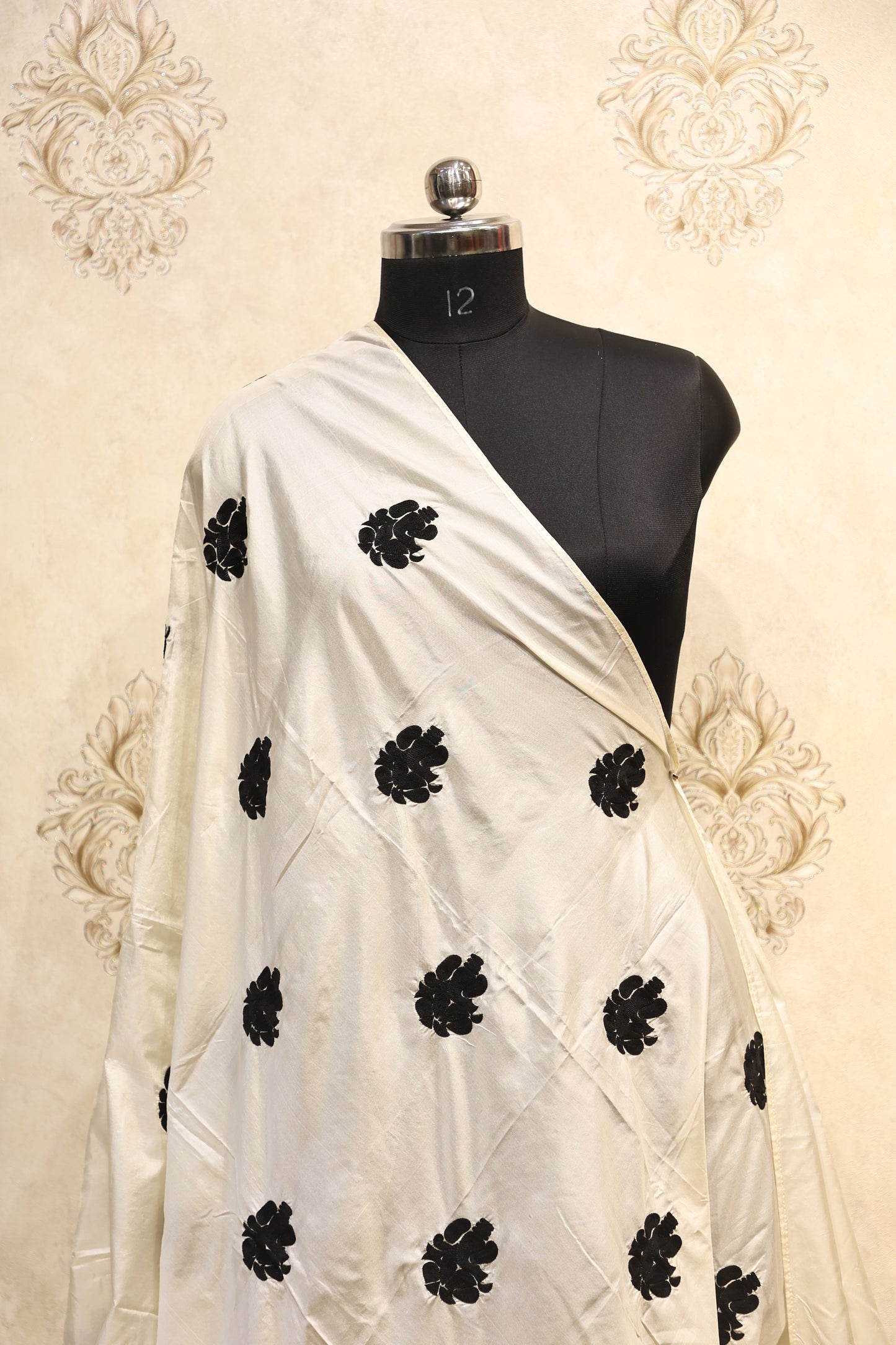Ivory Black Floral Silk Work Dupatta