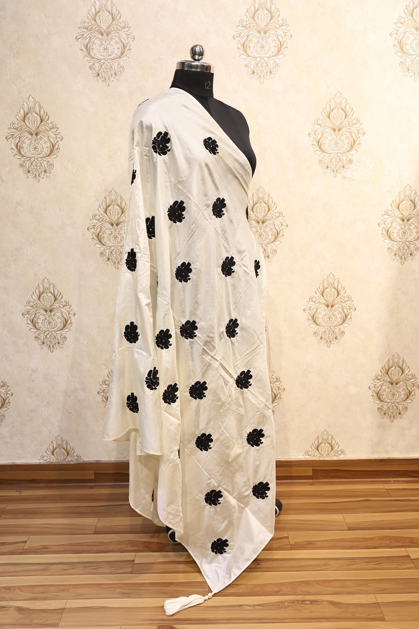 Ivory Black Floral Silk Work Dupatta