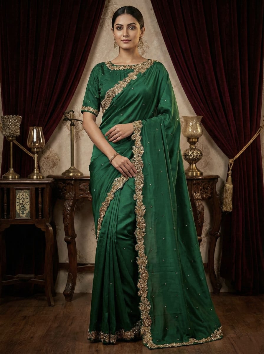 Model wearing green Rosaya saree with intricate zari border and embellished blouse.