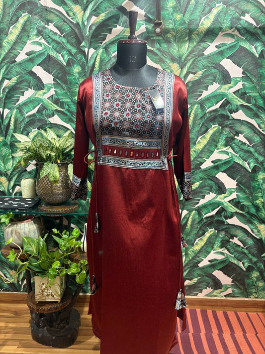 Rosaya Maroon Dori Tie-Up Mashru Kurti