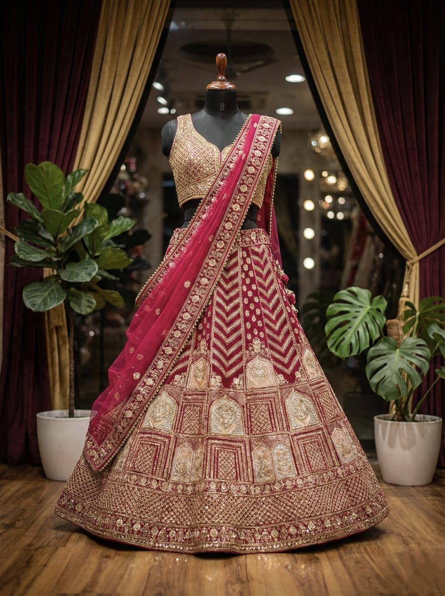 Rani pink Rosaya bridal lehenga with heavy Zardozi embroidery displayed on mannequin.