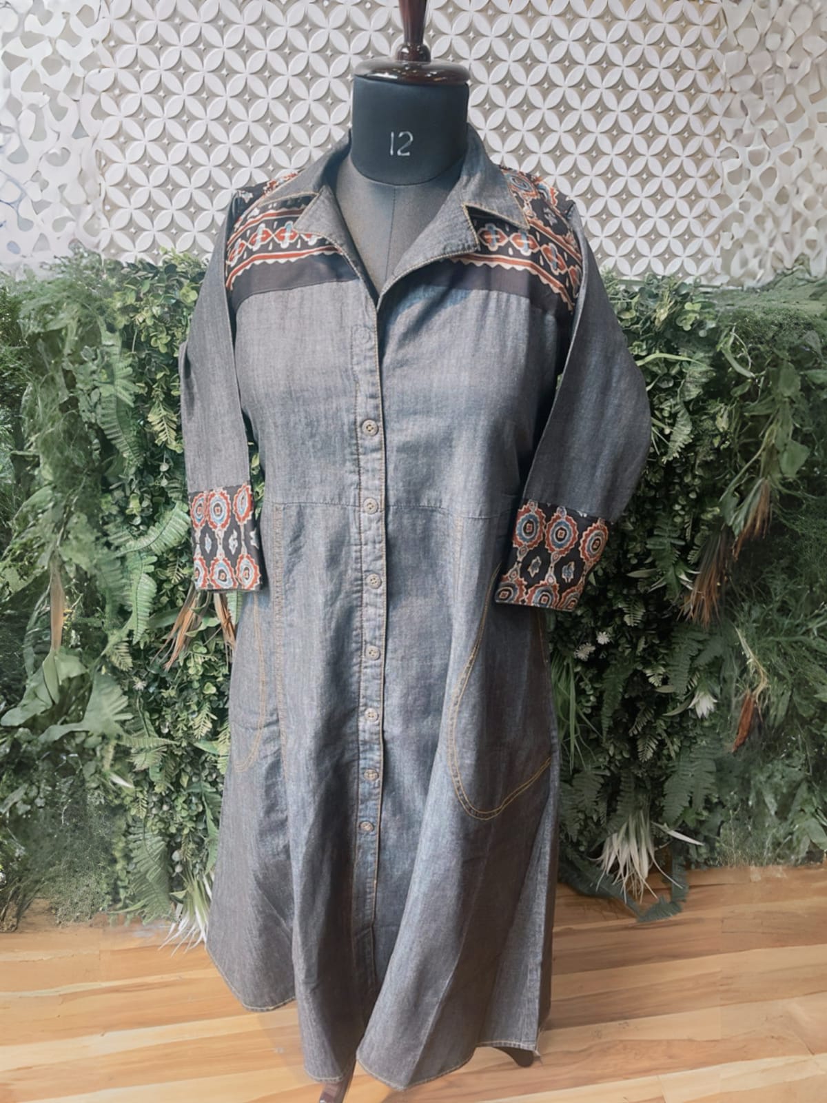 Rosaya Denim Ajrakh Fusion Dress