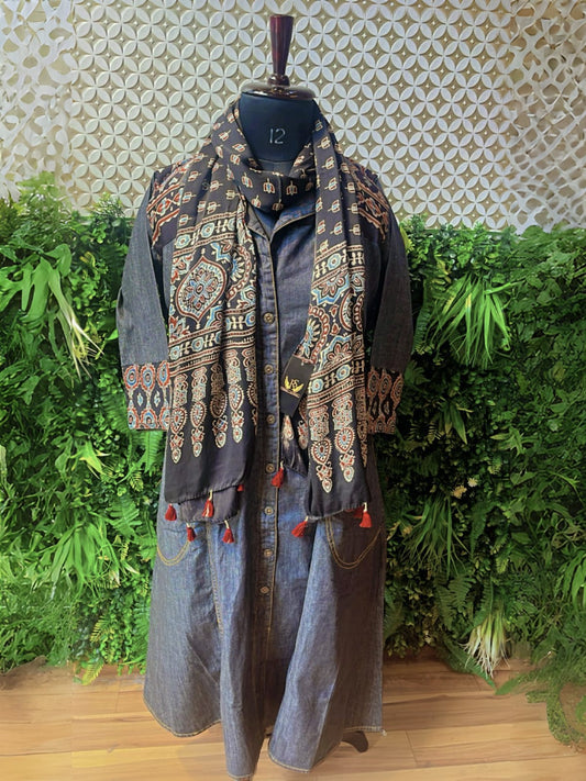 Rosaya Denim Ajrakh Fusion Dress