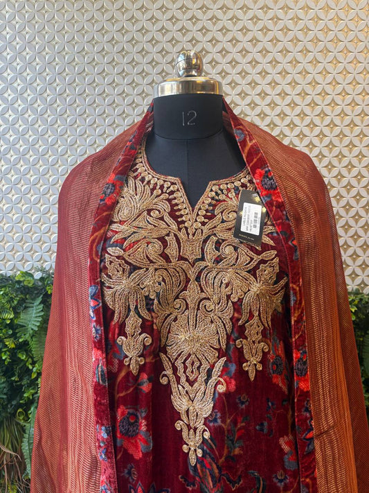 Regal Maroon Velvet Embroidered Suit – Royal Zari Work Ensemble